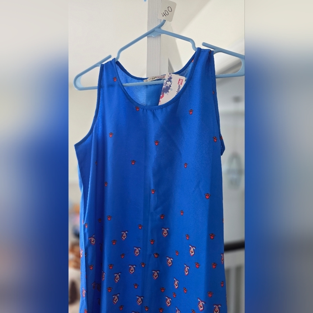 Blue Asymmetrical Hem Sleeveless Tunic Top | Red Mini Print | Size 8 - Picture 4 of 9